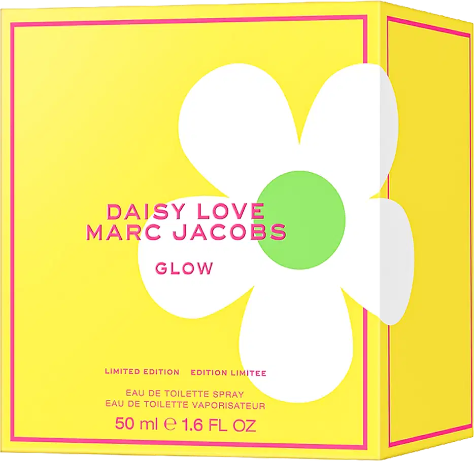 Frasco de perfume em formato de flor branca com centro rosa, embalado em caixa amarela com texto "DAISY LOVE MARC JACOBS GLOW" em vermelho e rosa. Produto de beleza da marca Marc Jacobs.
