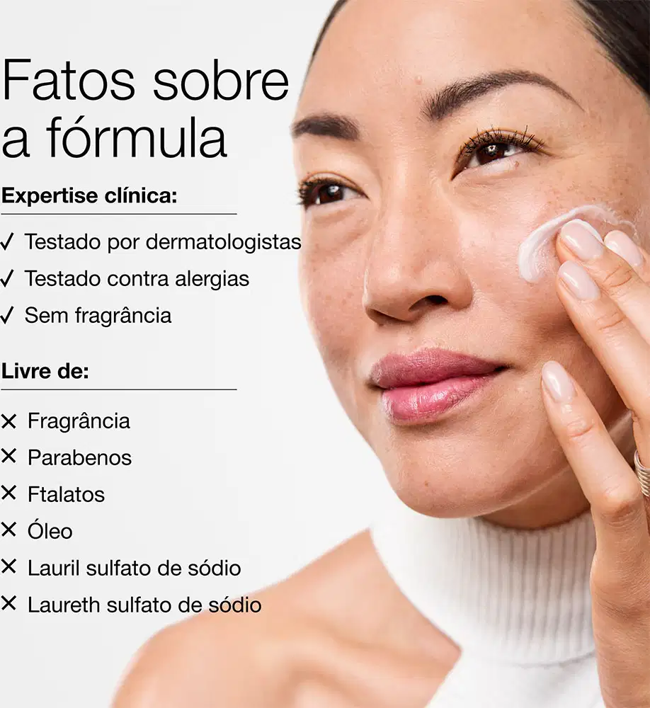 Imagem de mulher asiática aplicando o creme no rosto. Texto explica que o produto é testado por dermatologistas, testado contra alergias e não contém fragrância, além de estar livre de vários ingredientes pesados.