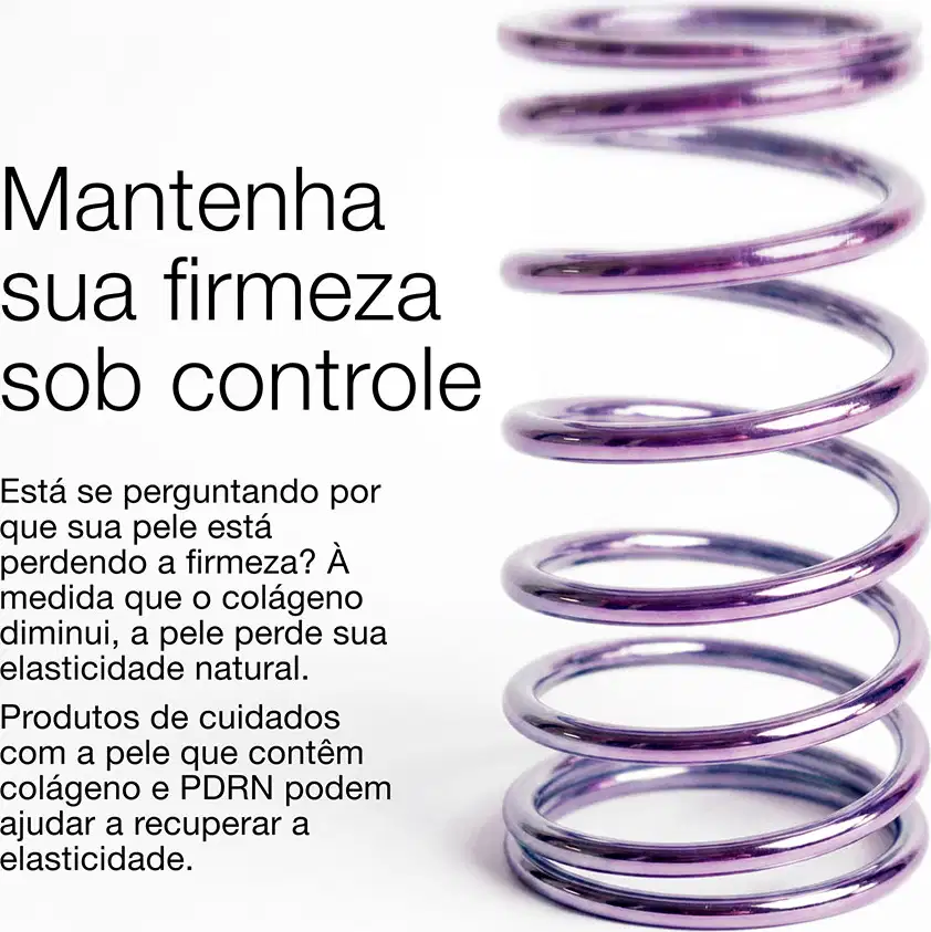 Imagem de uma mola, com texto explicando que produtos que contém colágeno e PDRN podem ajudar a recuperar a elasticidade da pele.