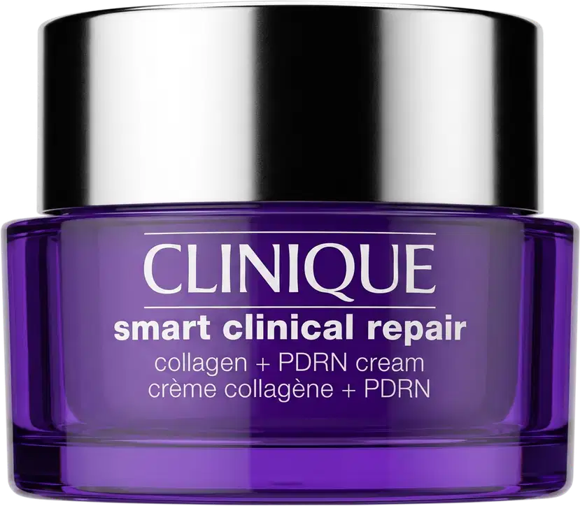 Frasco de creme facial da marca Clinique, na cor roxa, com rótulo destacando "smart clinical repair" e "collagen + PDRN cream".