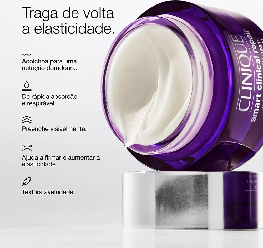Frasco do creme Clinique, com o texto: Traga de volta a elasticidade. Acolchoa para uma nutrição duradoura. De rápida absorção e respirável. Preenche visivelmente. Ajuda a firmar e aumentar a elasticidade. Textura aveludada.