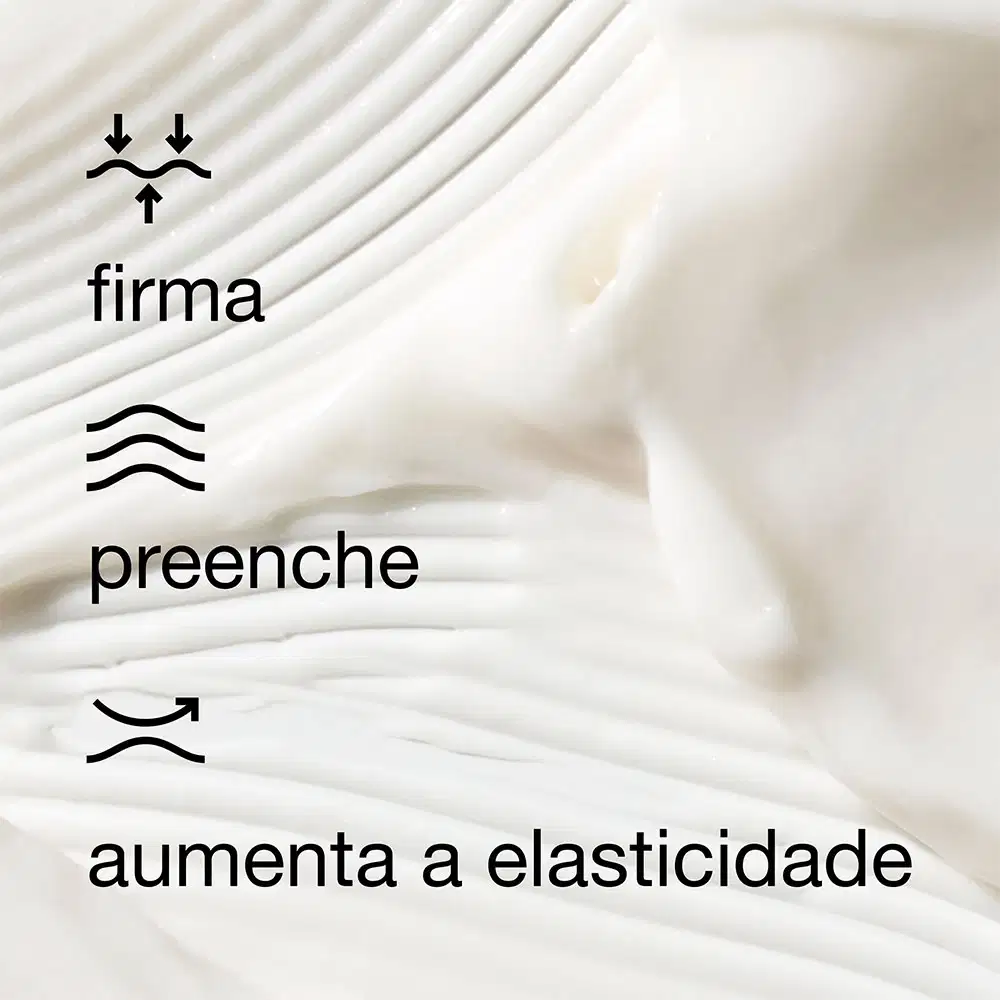 Imagem da textura do creme com texto dizendo que o produto firma, preenche e aumenta a elasticidade.