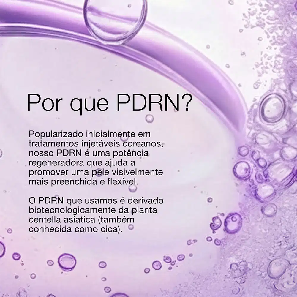 Imagem de gotas, com texto explicando a ação do PDRN na pele.