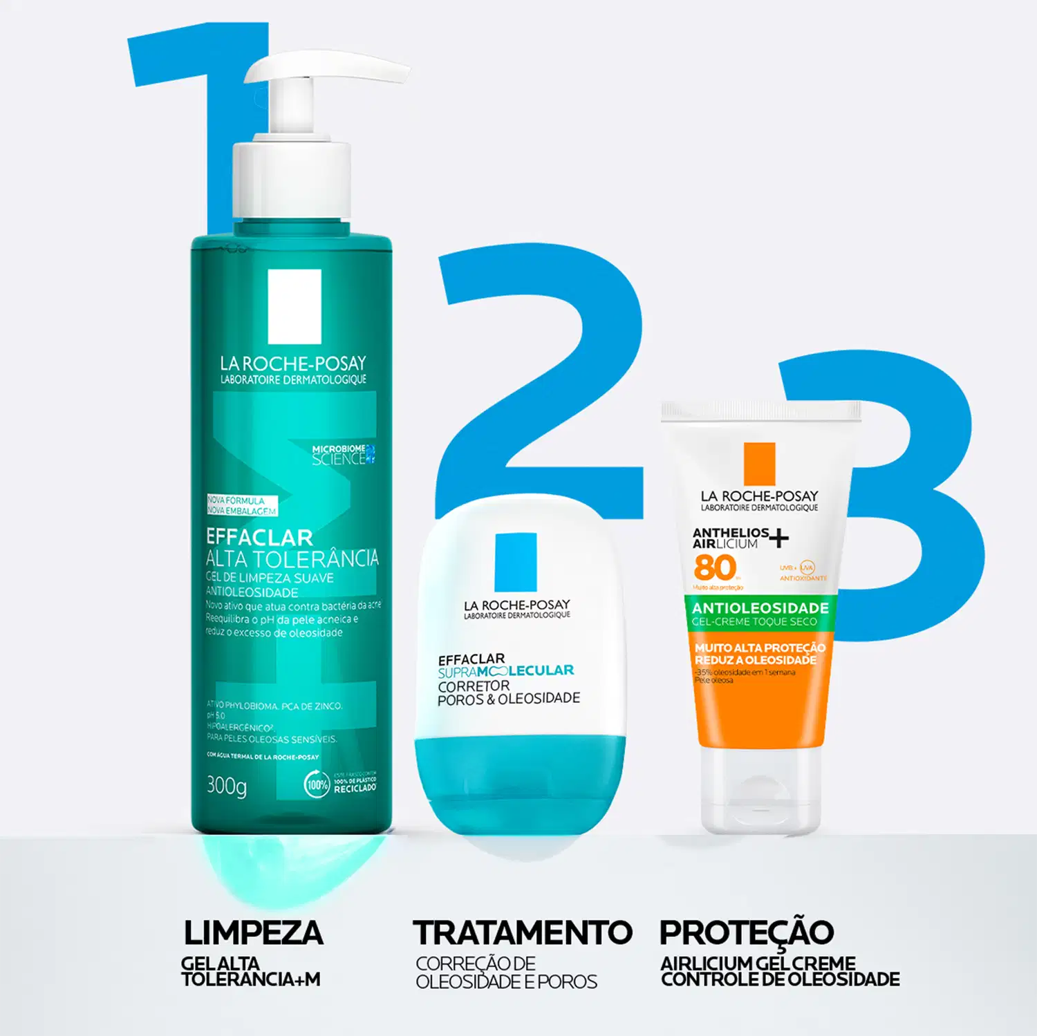 Três produtos La Roche-Posay: gel de limpeza verde com bomba (300g), creme corrator azul-turquesa para oleosidade e poros, e protetor solar laranja FPS 80 com ação antioleolosidade em embalagem branca.