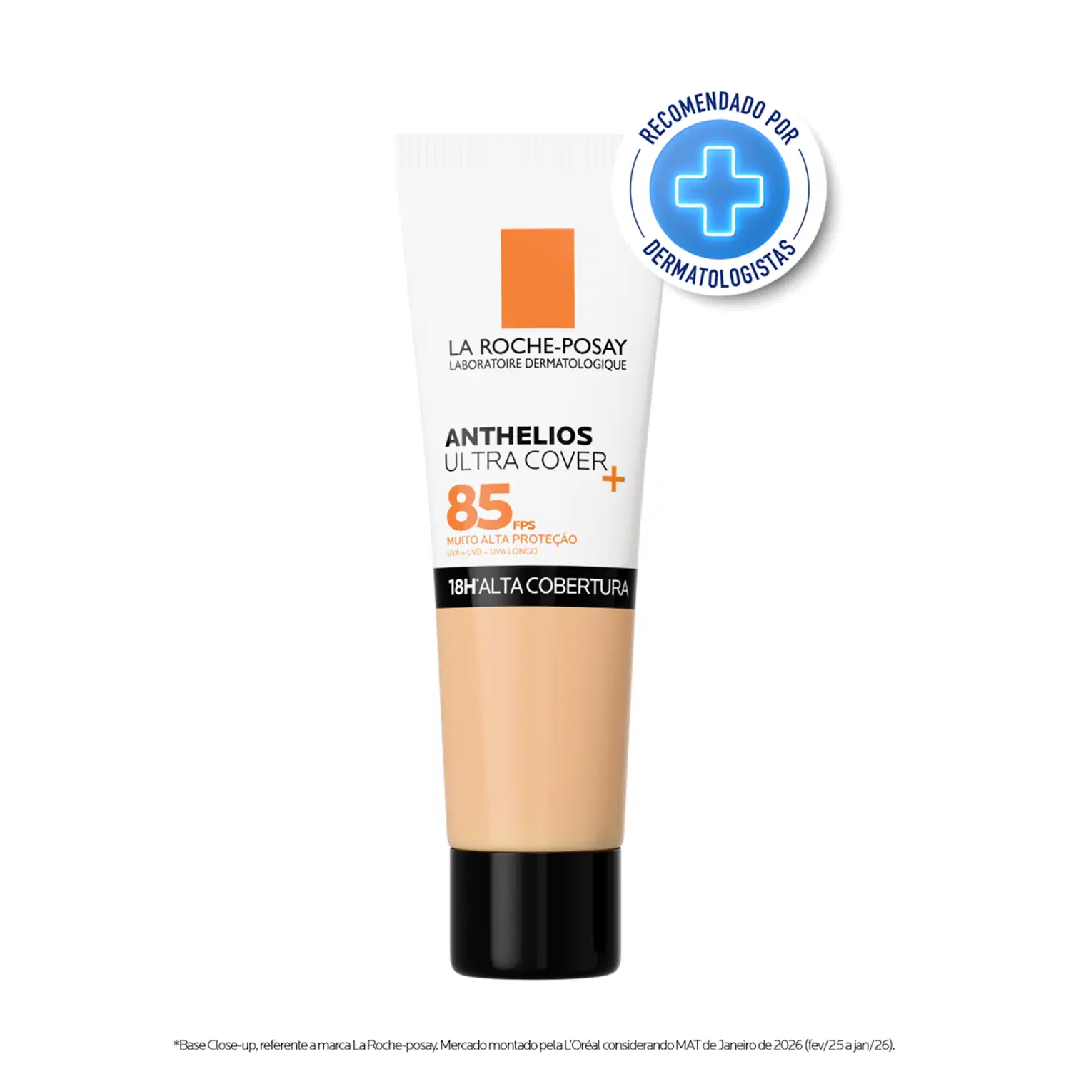 Tubo de protetor solar La Roche-Posay Anthelios Ultra Cover com FPS 85, embalagem laranja e branca, com rótulo destacando a alta cobertura e recomendação de dermatologistas.