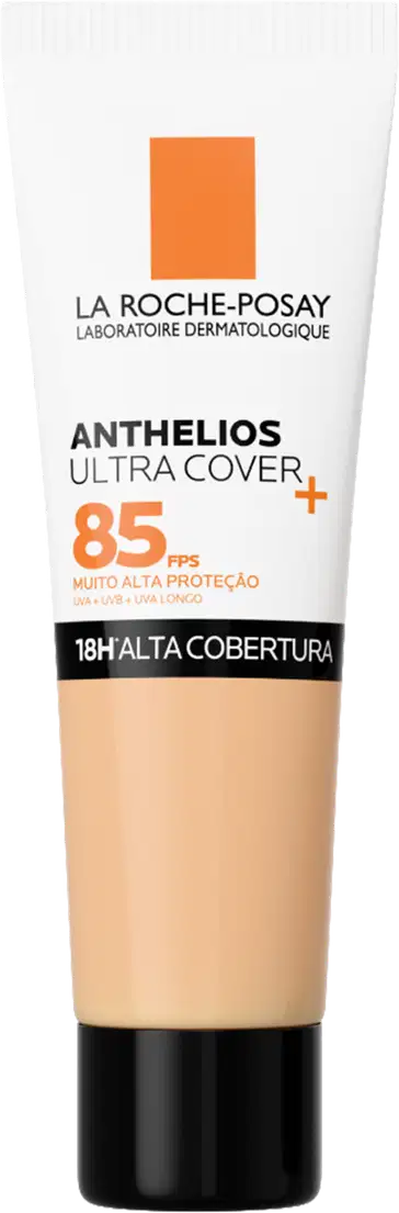 Tubo de protetor solar La Roche-Posay Anthelios Ultra Cover com FPS 85, embalagem branca e laranja, com informações sobre a alta proteção e cobertura.