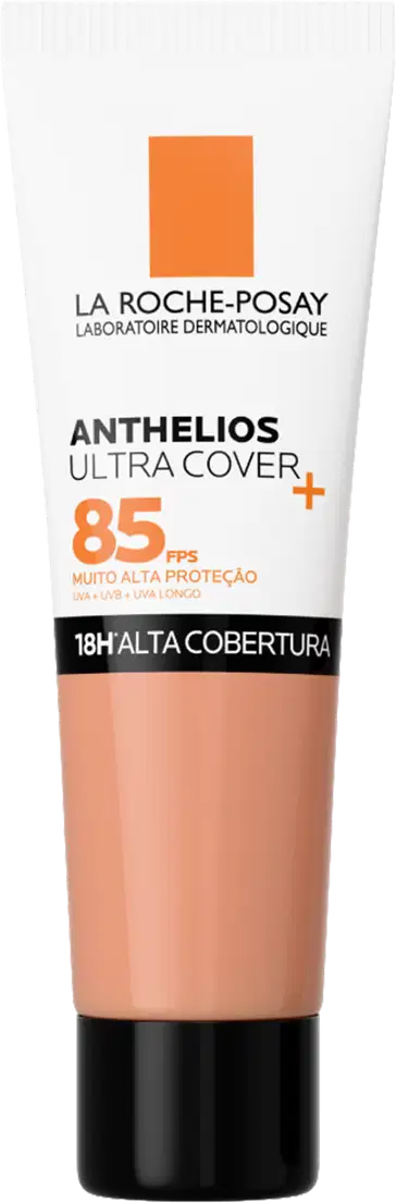 Tubo de protetor solar La Roche-Posay Anthelios Ultra Cover com FPS 85, embalagem branca e laranja, com informações sobre a alta proteção e cobertura.