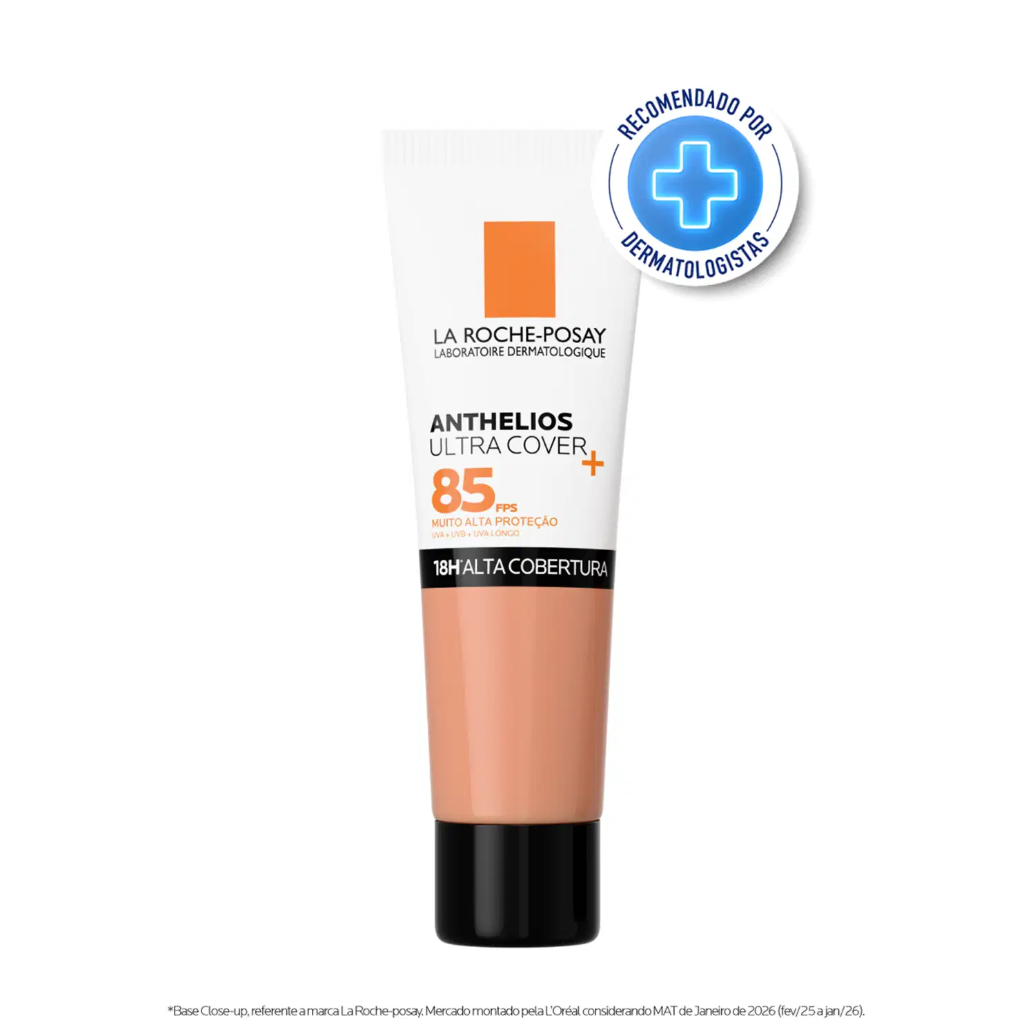 Tubo de protetor solar La Roche-Posay Anthelios Ultra Cover com FPS 85, embalagem laranja e branca, com rótulo destacando a alta cobertura e recomendação de dermatologistas.