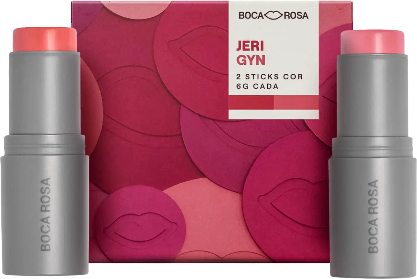 Boca Rosa Jeri Gyn, dois batons cor vermelha e rosa com embalagem cinza e caixa vermelha com padrão de lábios.