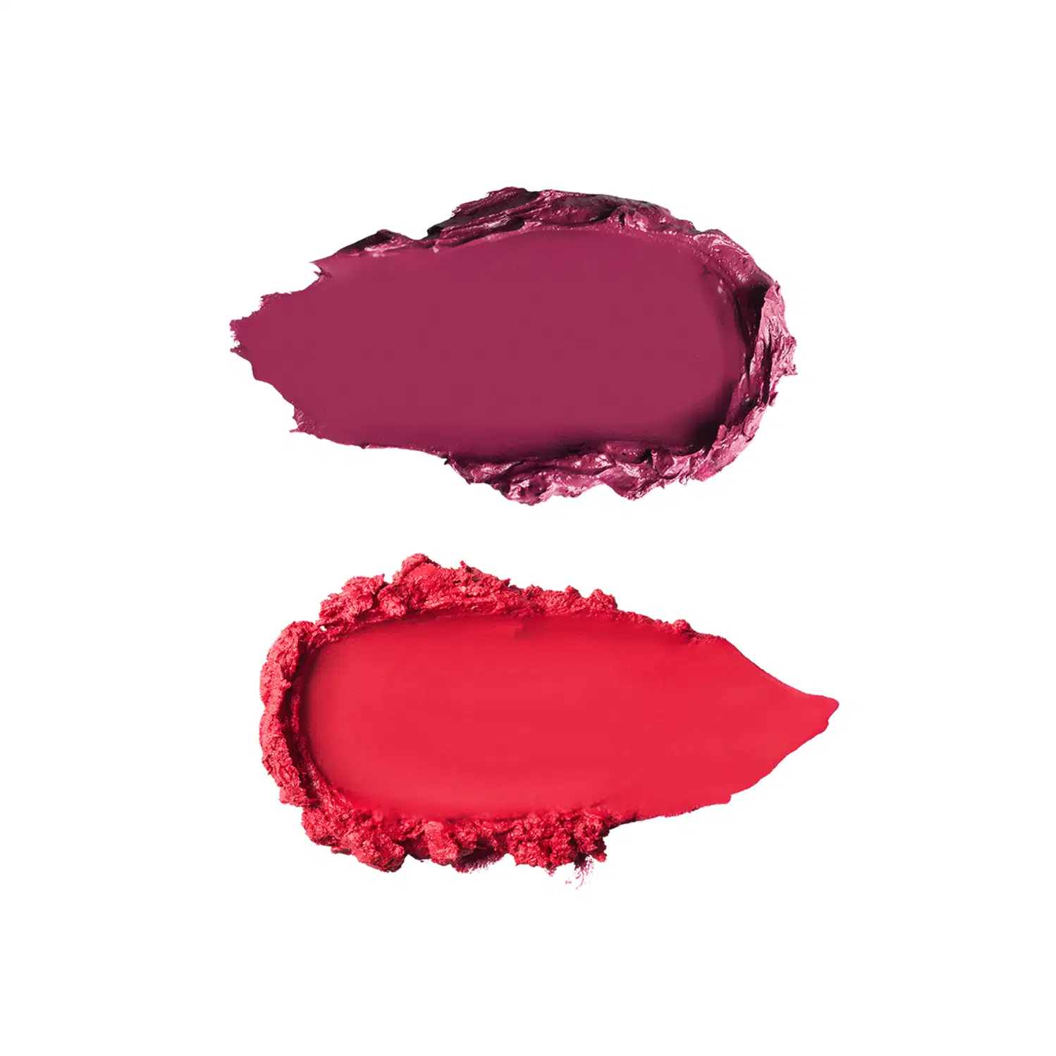Duas amostras de texturas de maquiagem: acima, tom marsala com acabamento cremoso e brilhante; abaixo, tom coral-avermelhado com textura pulverulenta e acabamento matte.