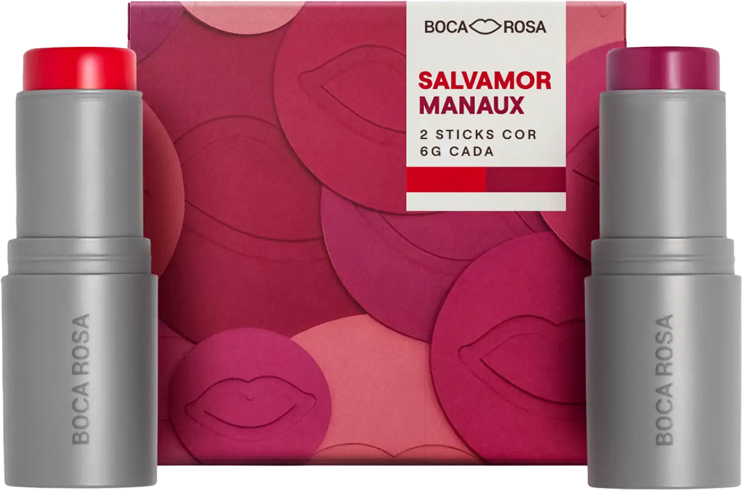 Boca Rosa Salvamor Manaux, kit com 2 sticks cor em embalagem rosa com detalhes em tons de vinho, frascos cilíndricos cinza com tampas vermelhas e vinho.