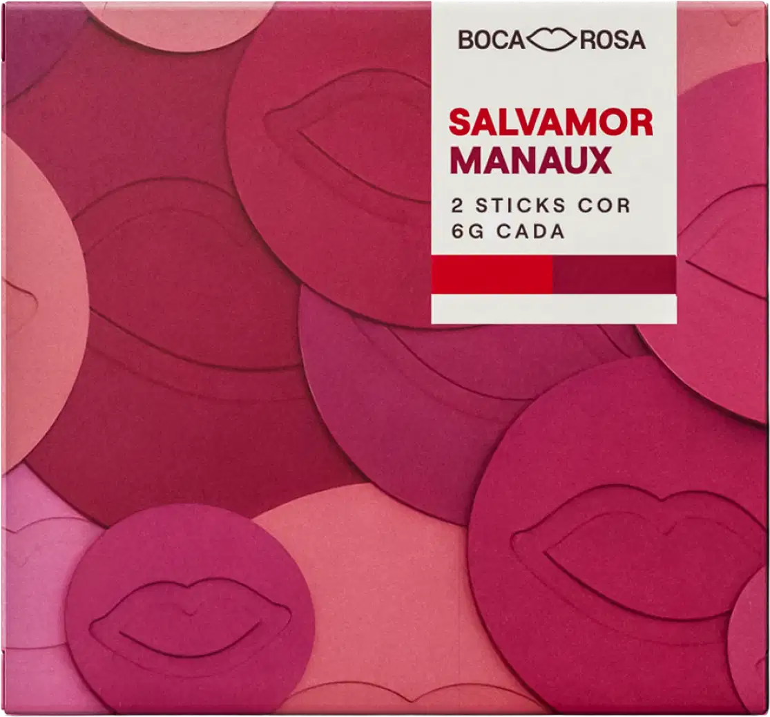 Caixa de blush Salvamor Manaux Boca Rosa com 2 sticks cor de 6g cada, embalagem rosa com detalhes em tons de rosa e vermelho, rótulo branco com texto em vermelho.