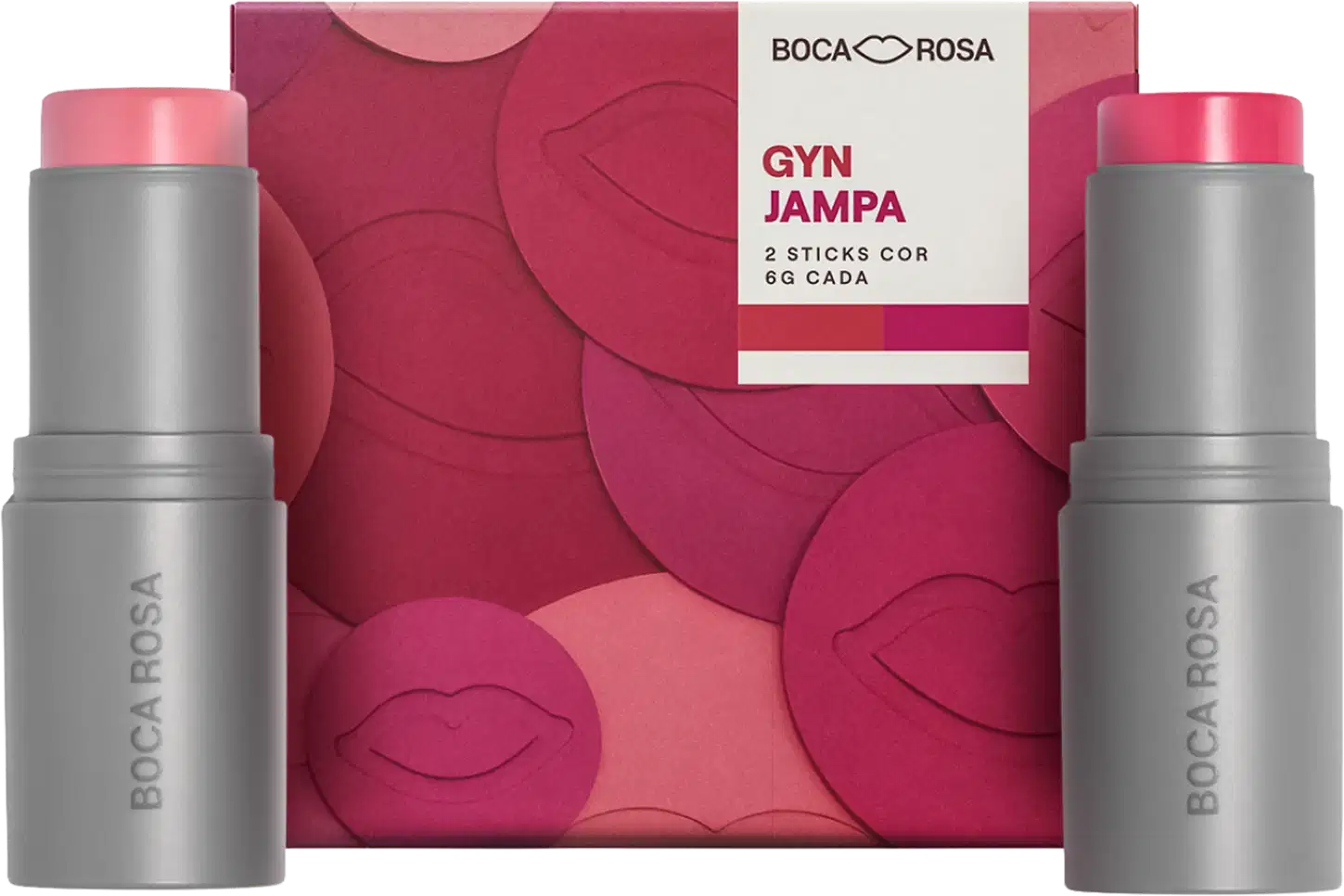 Boca Rosa Gyn Jampa, kit com 2 sticks de batom cor rosa em embalagem rosa com detalhes em relevo e frasco cinza com tampa rosa.