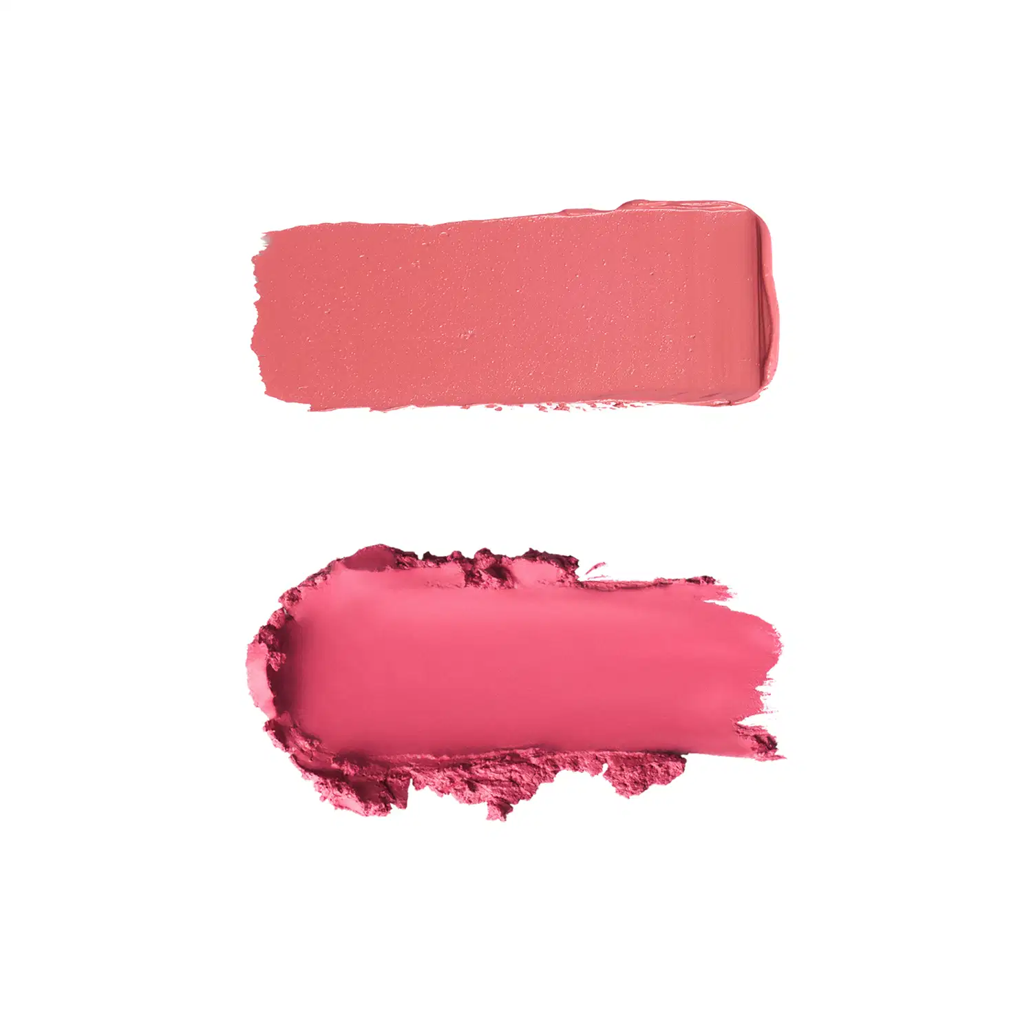 Duas amostras de textura de batom: uma cor coral rosado com acabamento cremoso na parte superior, e outra tom pink vibrante com textura pulverulenta e acabamento matte na parte inferior.