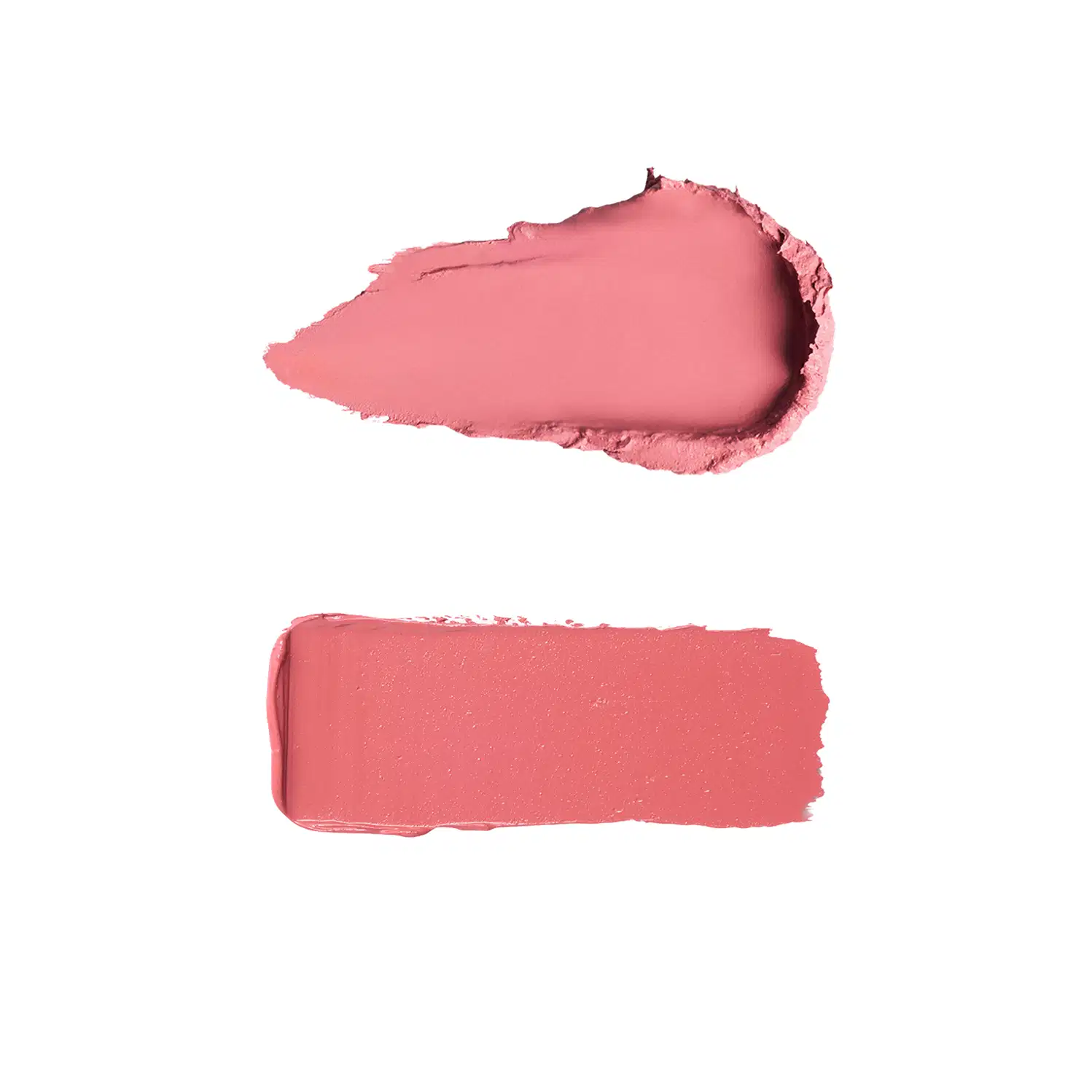 Dois swatches de produto de maquiagem em tons de rosa: o superior mostra textura cremosa com acabamento mate e brilho sutil, o inferior apresenta consistência mais pigmentada com textura uniforme e acabamento fosco.