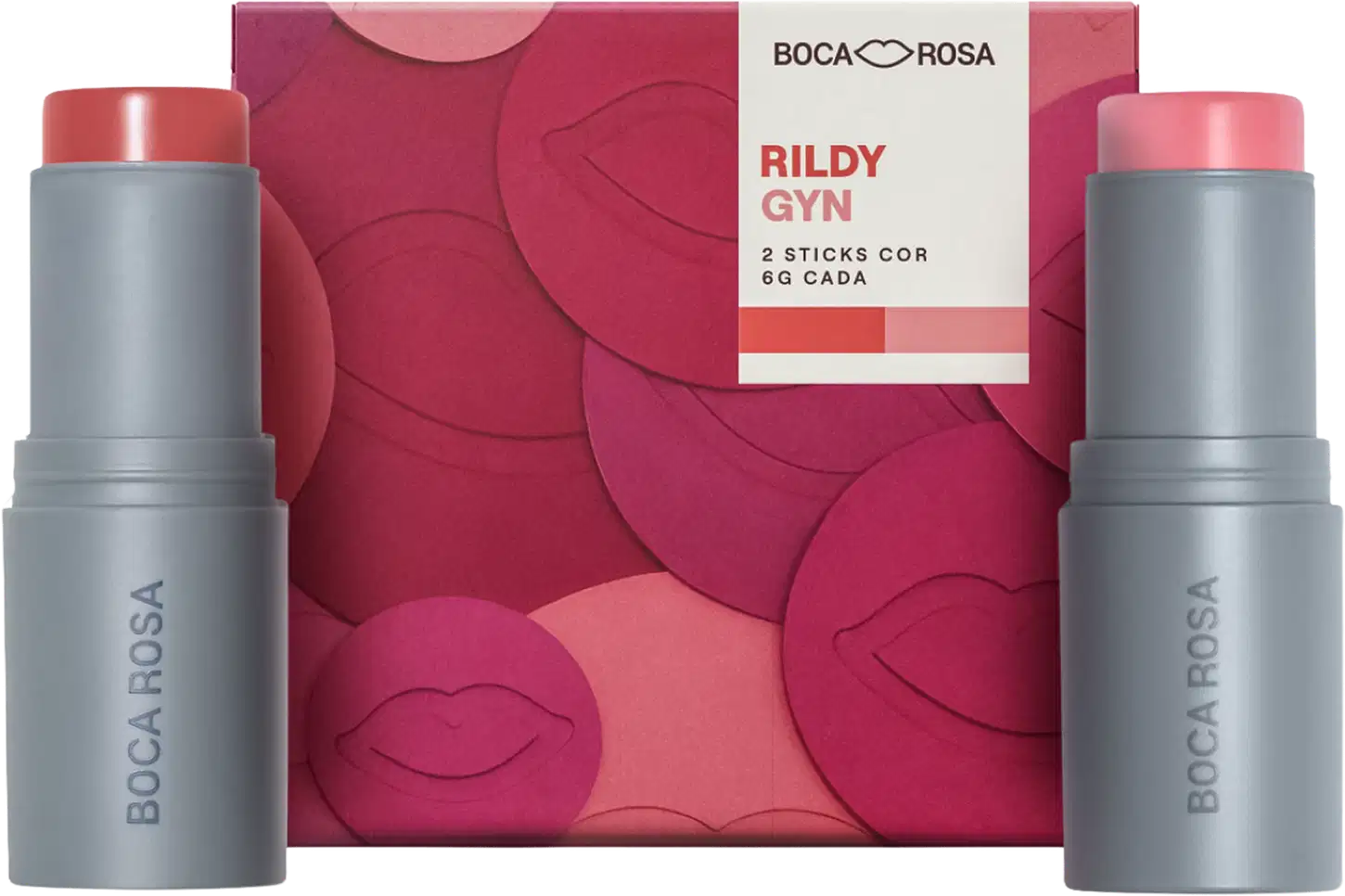 Boca Rosa Rildy Gyn, kit com 2 batons cor em sticks cinza e rosa, embalagem rosa com padrão de lábios, caixa branca e rosa ao centro.