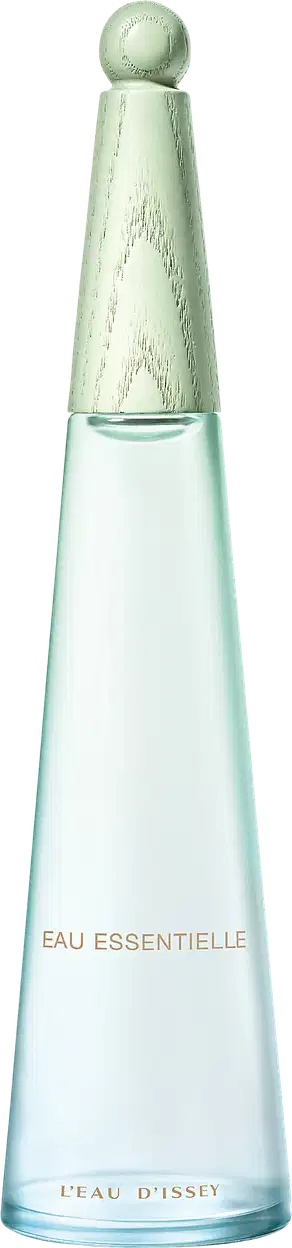 Frasco de item de perfumaria em formato cônico, com tampa arredondada, em vidro transparente com tonalidade esverdeada, exibindo rótulo com texto "EAU ESSENTIELLE L'EAU D'ISSEY".