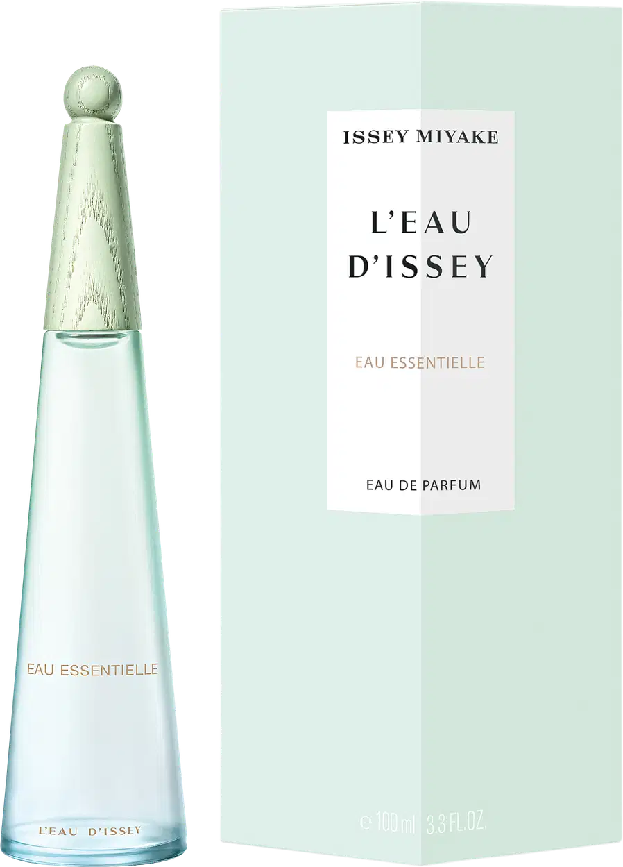 Frasco de item de perfumaria da marca Issey Miyake, em formato cônico com tampa arredondada, em tons de verde claro, com rótulo branco contendo o nome "L'EAU D'ISSEY" em letras pretas.