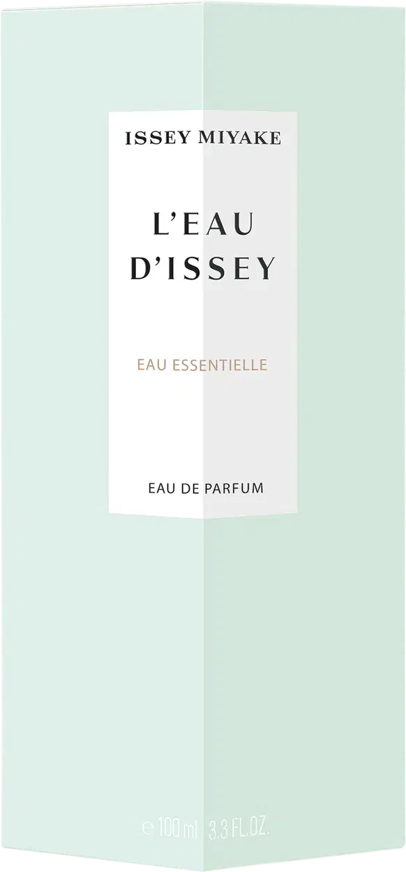 Frasco de item de perfumaria da marca Issey Miyake, com embalagem retangular de cor verde clara e texto branco "L'EAU D'ISSEY" e "EAU ESSENTIELLE" na parte frontal.