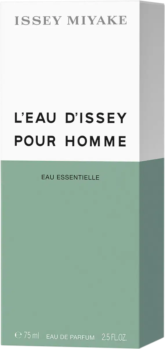 Caixa branca com texto "ISSEY MIYAKE" e "L'EAU D'ISSEY POUR HOMME" em preto e verde, contendo item de perfumaria em embalagem retangular.