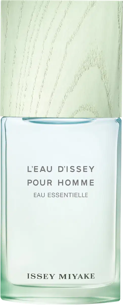 Frasco de item de perfumaria da marca Issey Miyake, com formato quadrado, em tons de verde claro, com rótulo em texto branco.