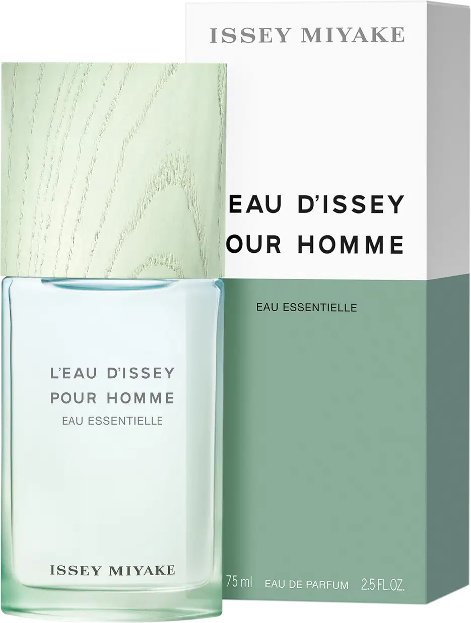 Frasco de item de perfumaria da marca Issey Miyake, com embalagem retangular verde-clara e rótulo branco com texto "Eau d'Issey Our Homme" em preto.