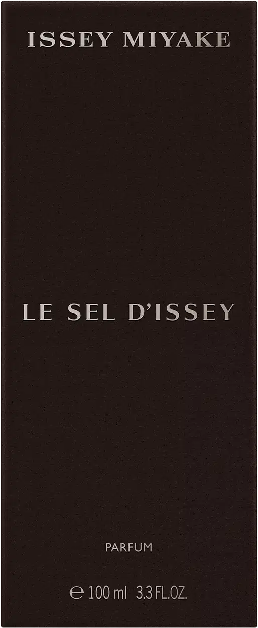 Embalagem preta retangular com texto "ISSEY MIYAKE" e "LE SEL D'ISSEY" em letras brancas, contendo um item de perfumaria.
