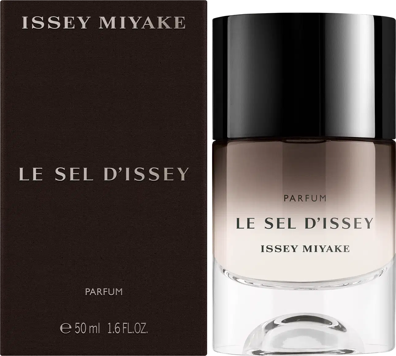 Frasco de item de perfumaria da marca Issey Miyake, com rótulo preto e branco, contendo o nome "Le Sel d'Issey" em destaque.
