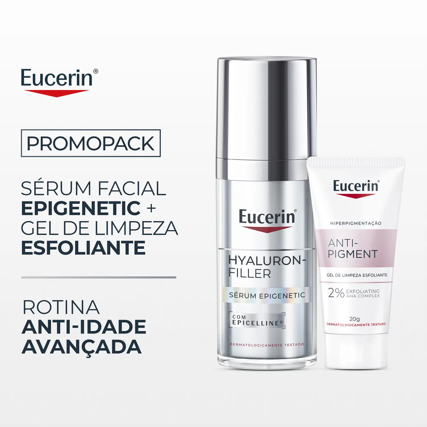 Promopack Eucerin com dois produtos: frasco prateado de Sérum Facial Hyaluron-Filler Epigenetic com Epicelline e tubo branco de Gel de Limpeza Anti-Pigment com 2% AHA Complex de 20g.