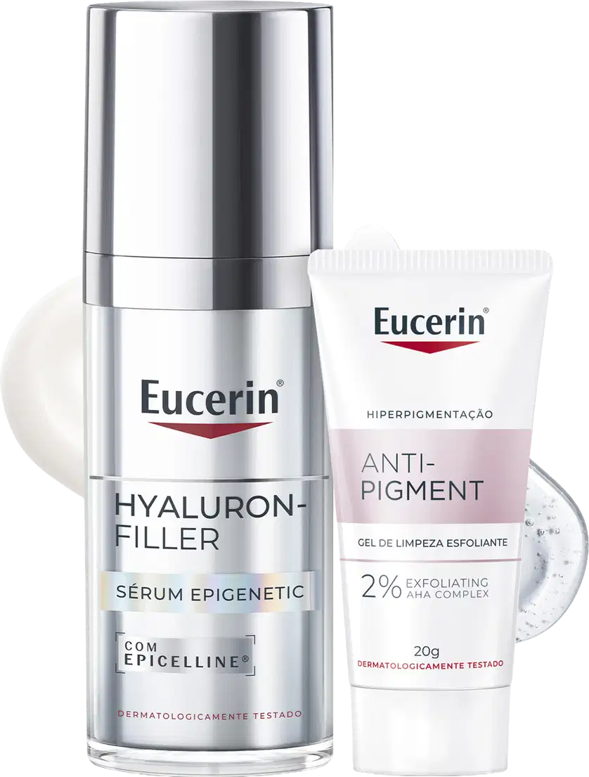 Dois produtos Eucerin: frasco prateado de Hyaluron-Filler Sérum Epigenetic com Epicelline, e tubo branco de Anti-Pigment gel de limpeza esfoliante com 2% AHA Complex, 20g.