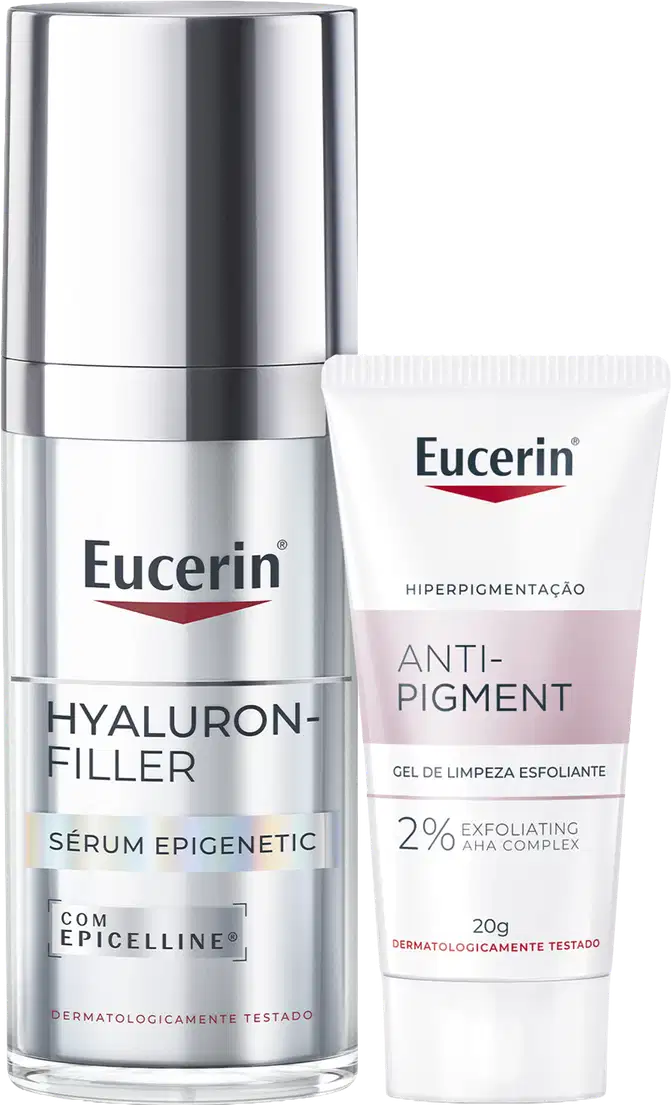 Conjunto Eucerin com dois produtos: frasco prateado de Hyaluron-Filler Sérum Epigenetic com Epicelline e tubo branco de Anti-Pigment com 2% AHA Complex. Embalagens em tons prata e branco com logotipo Eucerin vermelho.