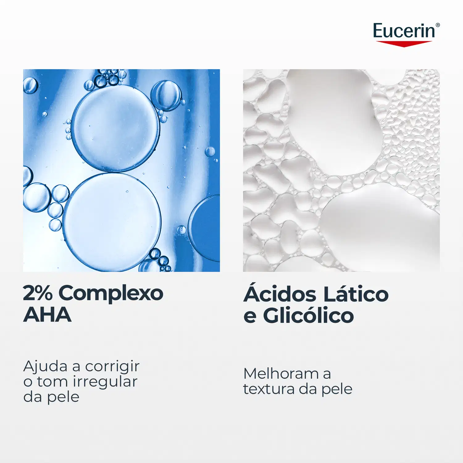 Eucerin 2% Complexo AHA Ajuda a corrigir o tom irregular da pele. Ácidos Lático e Glicólico Melhoram a textura da pele.
