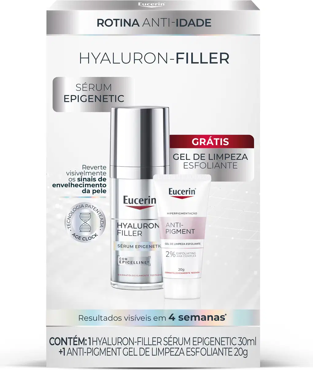 Kit Eucerin Rotina Anti-Idade com Hyaluron-Filler Sérum Epigenetic 30ml e Gel de Limpeza Esfoliante Anti-Pigment 20g. Embalagem branca com detalhes prateados e vermelhos, frascos de vidro e tubo branco.