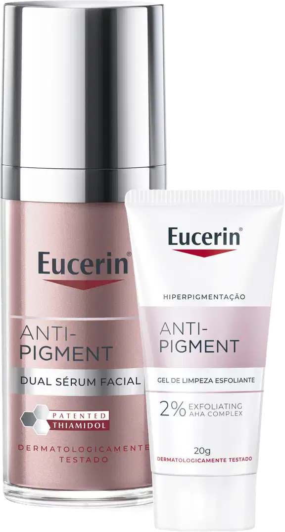 Conjunto Eucerin Anti-Pigment com dois produtos: frasco pump metalizado contendo Dual Sérum Facial com Thiamidol patenteado, e tubo branco com Gel de Limpeza Esfoliante 2% AHA Complex de 20g.