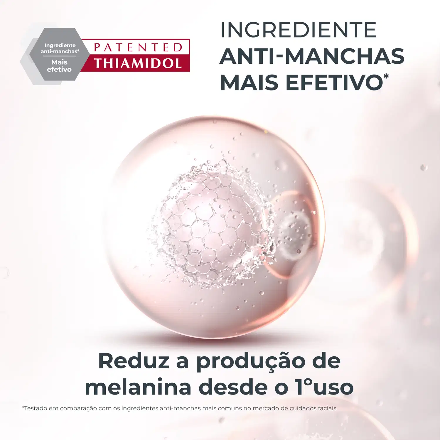 Sérum facial Eucerin com tecnologia Thiamidol: esfera translúcida rosada com textura de bolhas, fundo branco. Textos: "Ingrediente anti-manchas mais efetivo" e "Reduz a produção de melanina".