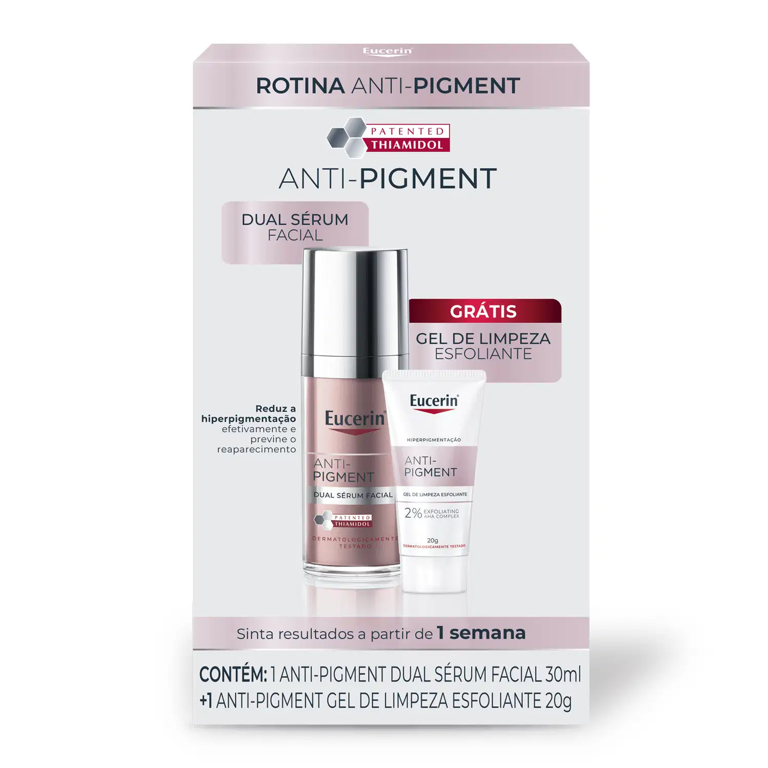 Kit Eucerin Rotina Anti-Pigment com dual sérum facial 30ml e gel de limpeza esfoliante 20g. Embalagem rosa e branca com frascos em tons rosados. Contém Thiamidol patenteado para reduzir hiperpigmentação.