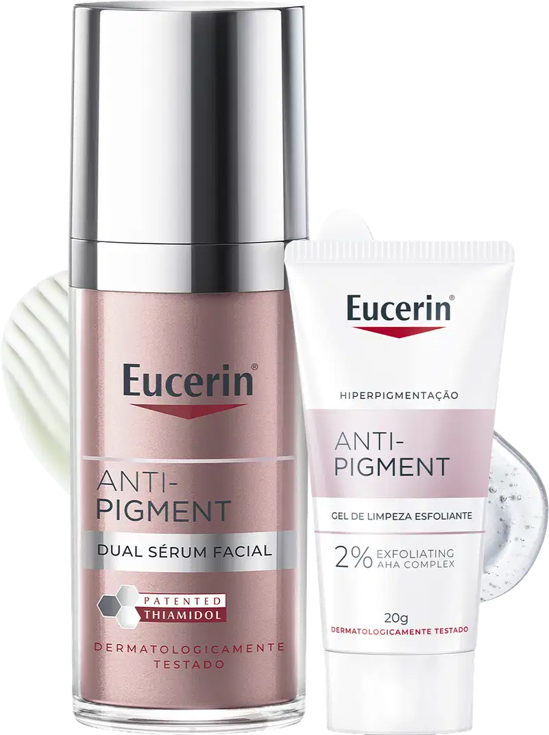 Eucerin Anti-Pigment: sérum facial dual em frasco com bomba e tampa cromada, tom rosado, e gel de limpeza esfoliante 2% AHA em tubo branco de 20g. Produtos dermatologicamente testados.
