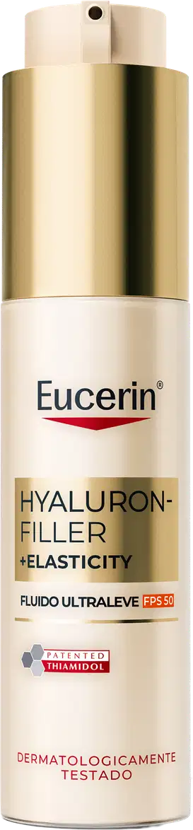 Frasco de produto Eucerin Hyaluron-Filler + Elasticity, com embalagem dourada e branca, contendo fluido ultralevê com FPS 30, com rótulo destacando os ingredientes-chave e a indicação de ser dermatologicamente testado.