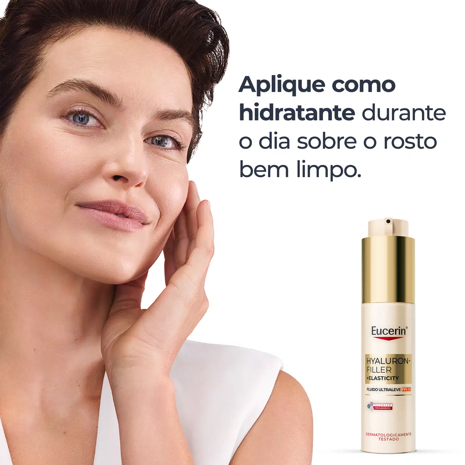 A imagem apresenta uma mulher aplicando um produto da marca Eucerin, um hidratante facial com ácido hialurônico, em um ambiente claro e limpo, com fundo branco, destacando a textura e a embalagem do produto.