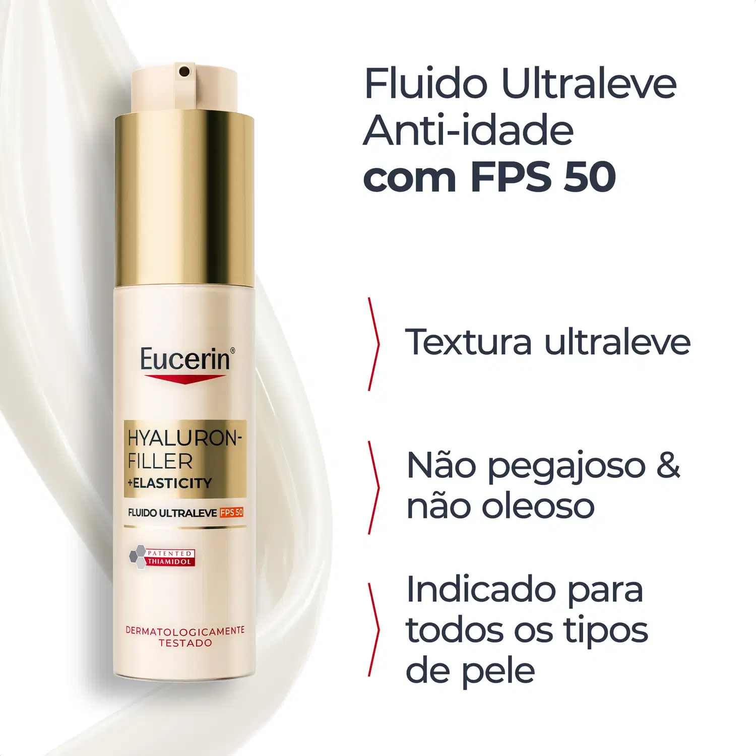 Fluido Ultraleve Anti-idade com FPS 50, Textura ultraleve, Não pegajoso & não oleoso, Indicado para todos os tipos de pele.