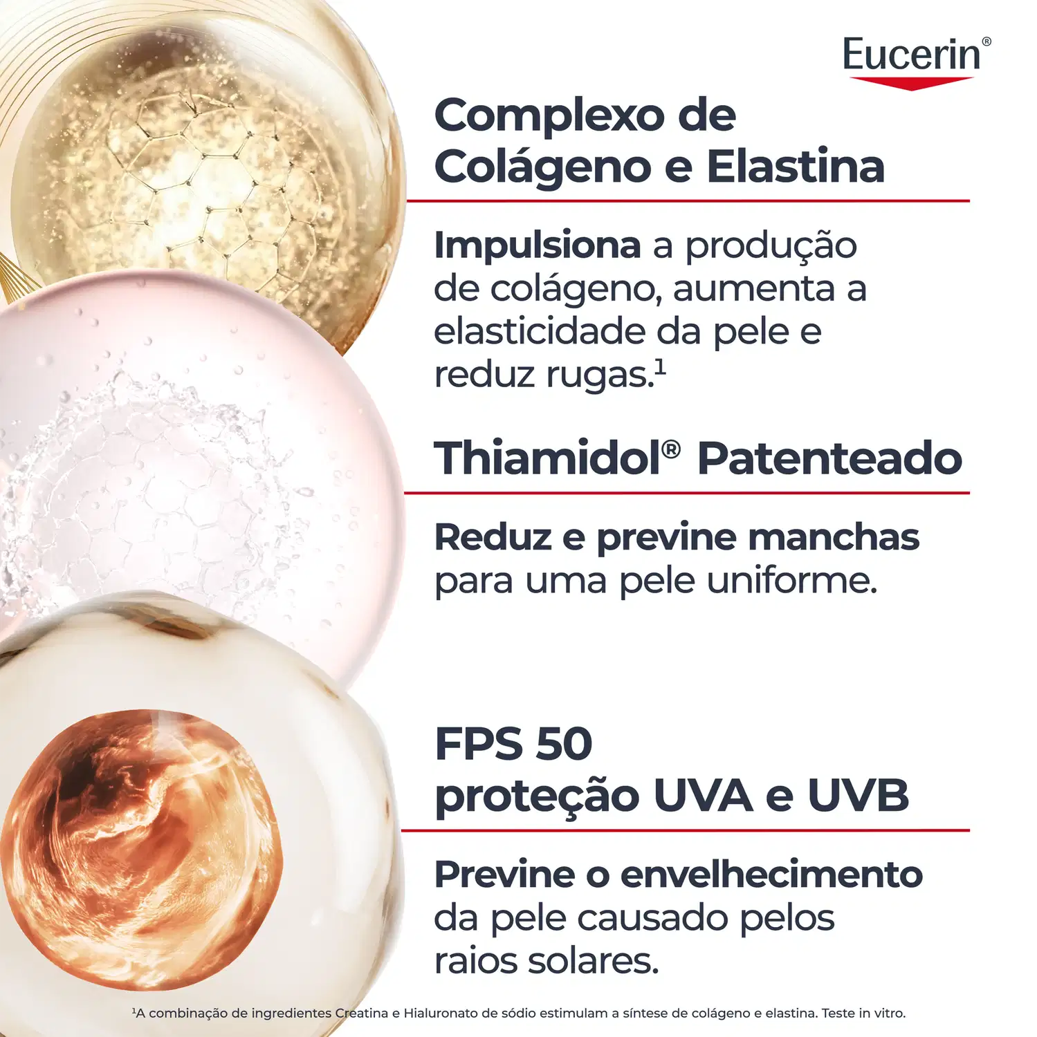 Complexo de Colágeno e Elastina. Impulsiona a produção de colágeno, aumenta a elasticidade e reduz rugas. Thiamidol Patenteado reduz e previne manchas para uma pele uniforme. FPS 50 proteção UVA e UVB previne o envelhecimento causado pelos raios solares