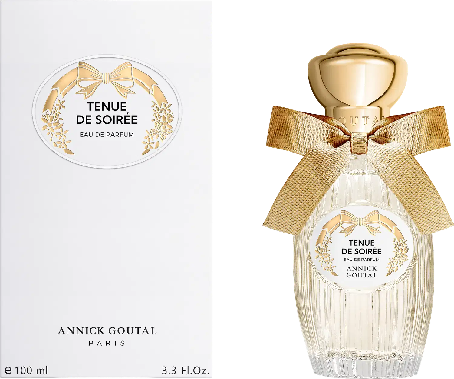 Eau de Parfum Tenue de Soirée da Annick Goutal Paris. Frasco de vidro cristalino com tampa dourada e laço de fita bege. Caixa branca com rótulo oval decorado com laço e flores douradas. Volume 100ml.