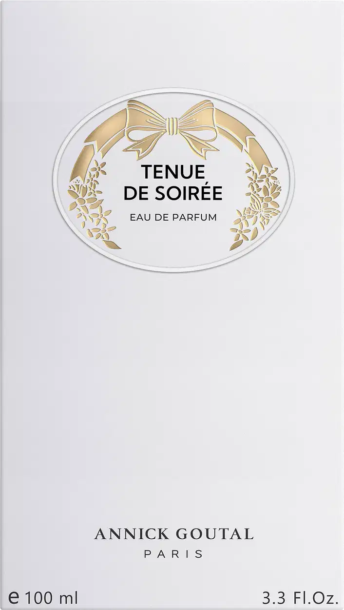 Eau de Parfum Tenue de Soirée da Annick Goutal Paris em embalagem branca com rótulo oval dourado decorado com laço e flores. Frasco de 100ml (3.3 Fl.Oz).