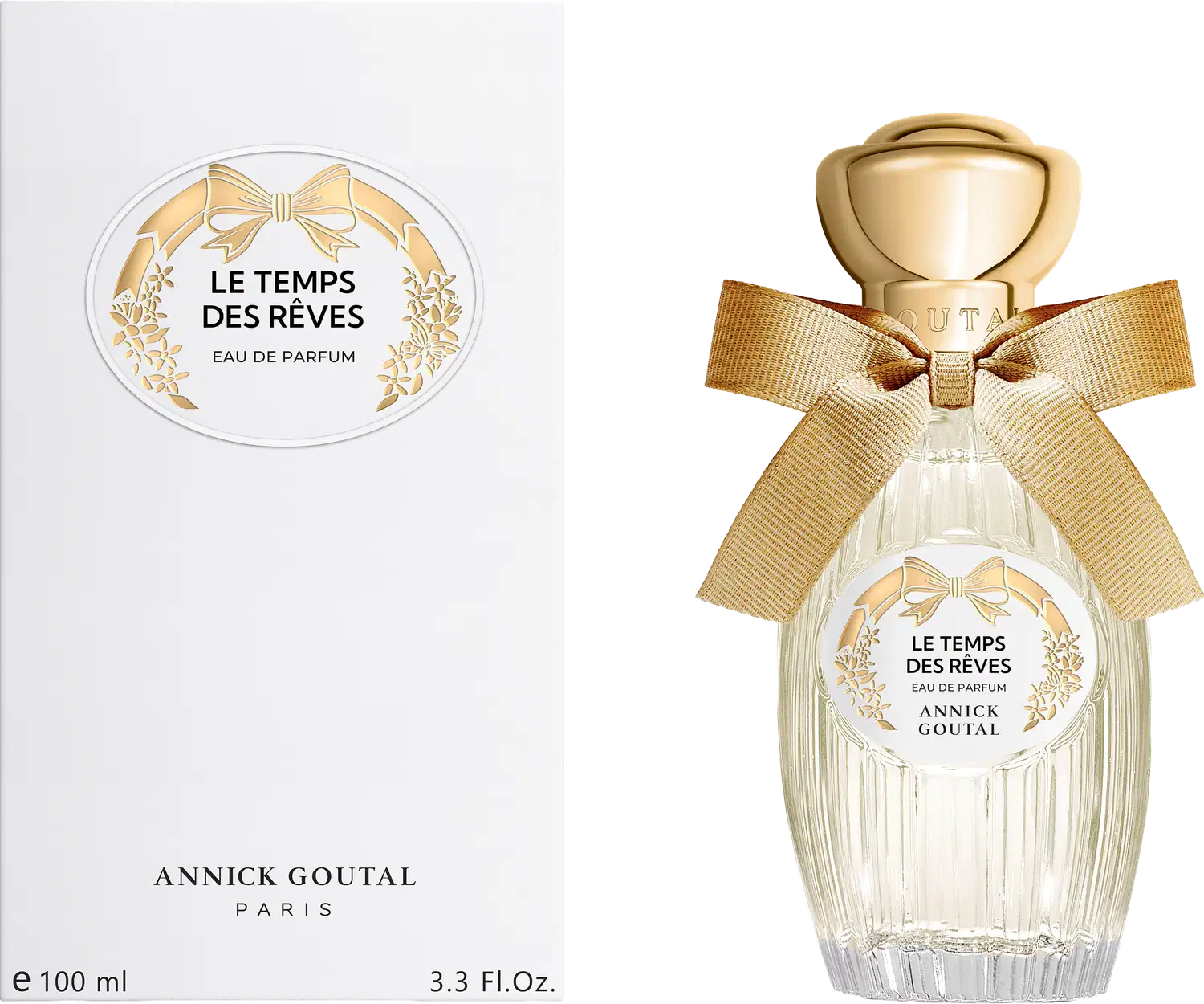Eau de Parfum "Le Temps des Rêves" da Annick Goutal Paris. Frasco de vidro com tampa dourada e laço bege, acompanhado de embalagem branca com detalhes em ouro. Volume: 100ml/3.3 Fl.Oz.