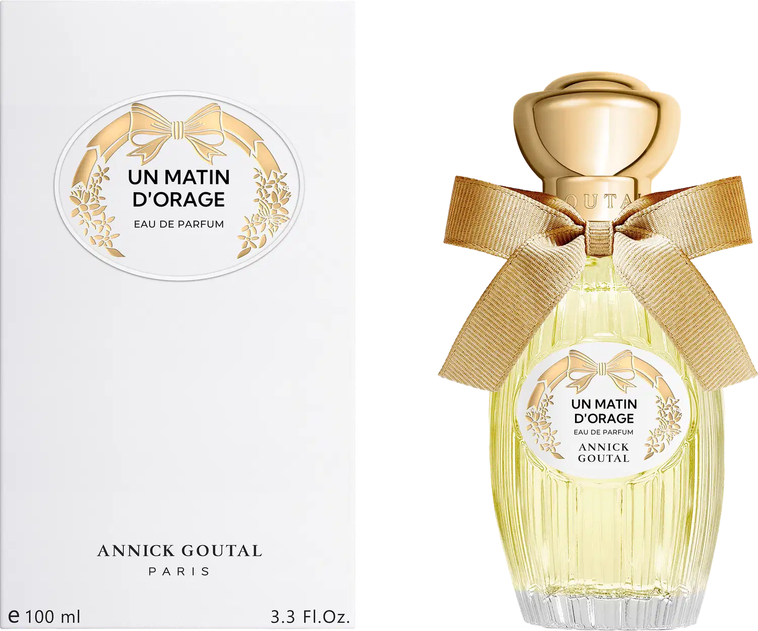 Eau de Parfum "Un Matin d'Orage" da Annick Goutal Paris. Frasco de vidro com 100ml, líquido amarelo claro, tampa dourada esférica, laço bege, rótulo branco com gravura de laço e flores douradas.