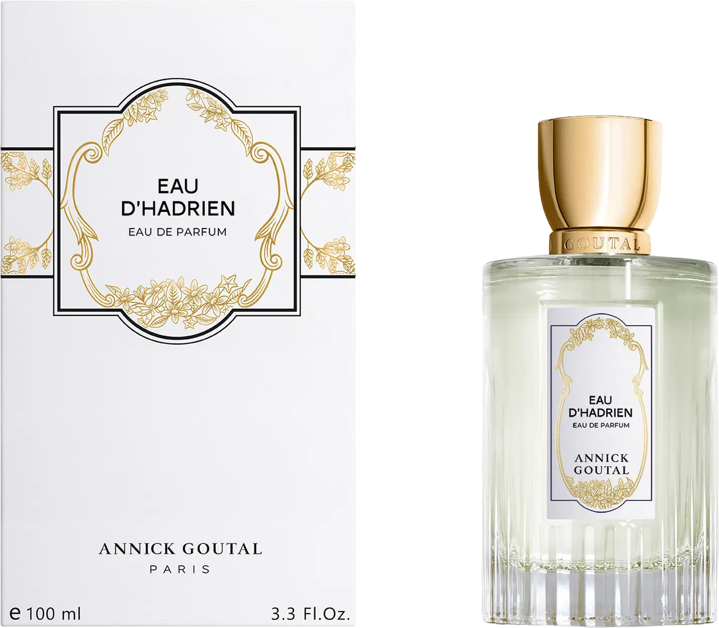 Eau de Parfum Eau d'Hadrien da Annick Goutal Paris. Frasco cilíndrico com líquido verde claro e tampa dourada. Caixa branca com ornamentos dourados e moldura decorativa. Volume: 100ml (3.3 Fl.Oz).
