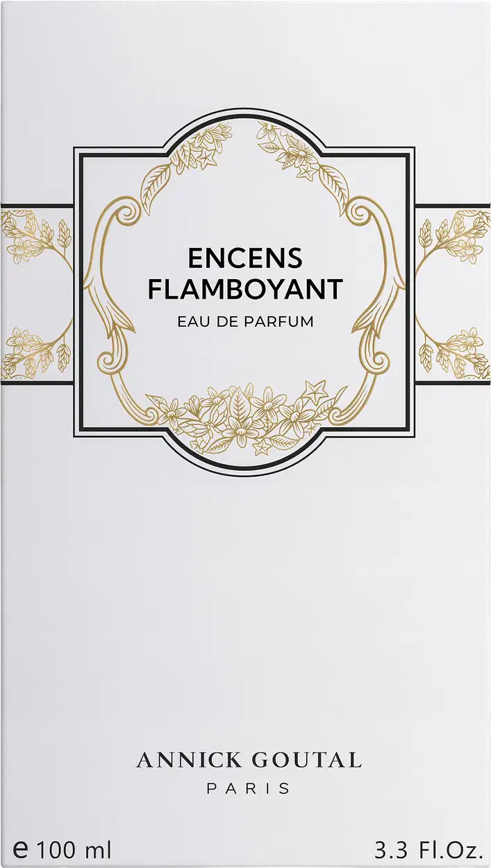 Eau de Parfum Encens Flamboyant da Annick Goutal Paris, 100ml. Embalagem branca com ornamentação dourada, rótulo central com moldura decorativa e detalhes florais. Frasco de 3.3 fl.oz.