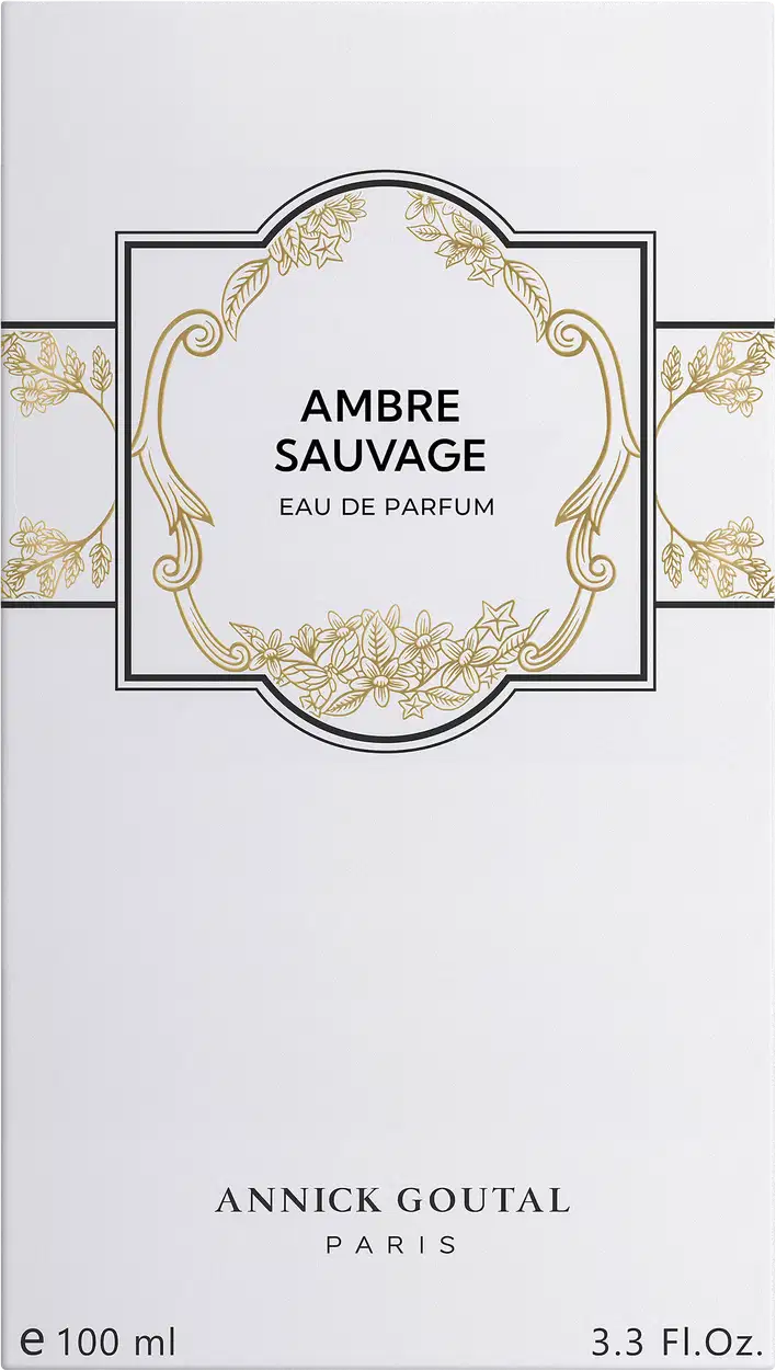 Eau de Parfum Ambre Sauvage da Annick Goutal Paris em embalagem branca com detalhes dourados. Frasco de 100ml (3.3 FL.Oz) com rótulo ornamentado em moldura clássica e decorações florais.