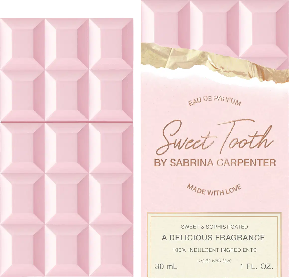 Frasco de perfume rosa com textura geométrica e rótulo com o nome "Sweet Tooth by Sabrina Carpenter" e descrição "A delicious fragrance, made with love".