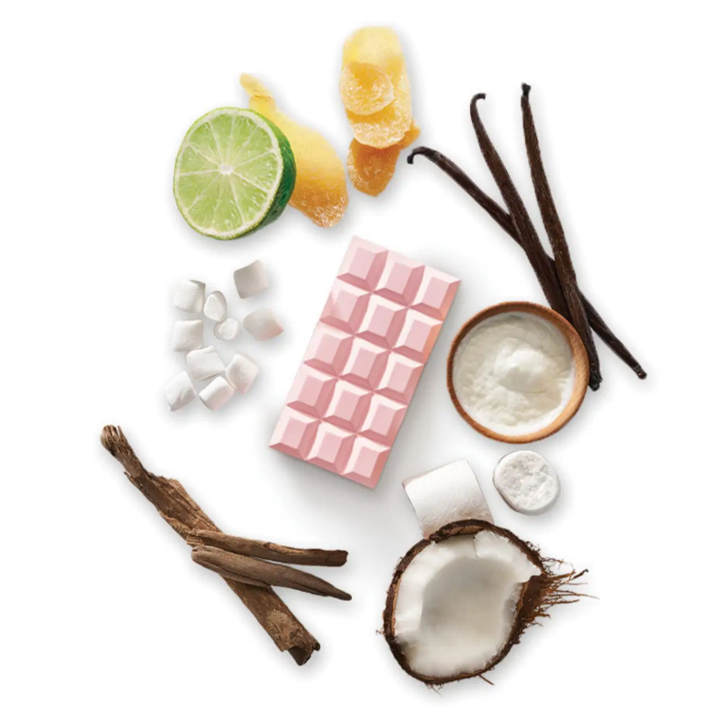 Ambiente de produtos de beleza com ingredientes naturais, como coco, limão, baunilha e marshmallow, em tons pastel, sugerindo uma linha de cosméticos saudáveis e delicados.